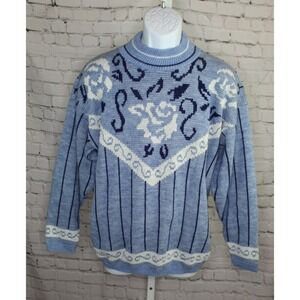 Vintage Village Fair 100% Acrylic Knit Sweater Size L Blue Floral Preppy Comfy‎